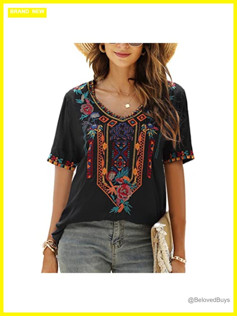 Women's Embroidered V-Neck Tunic Boho Short Sleeve Peasant Top Blouse